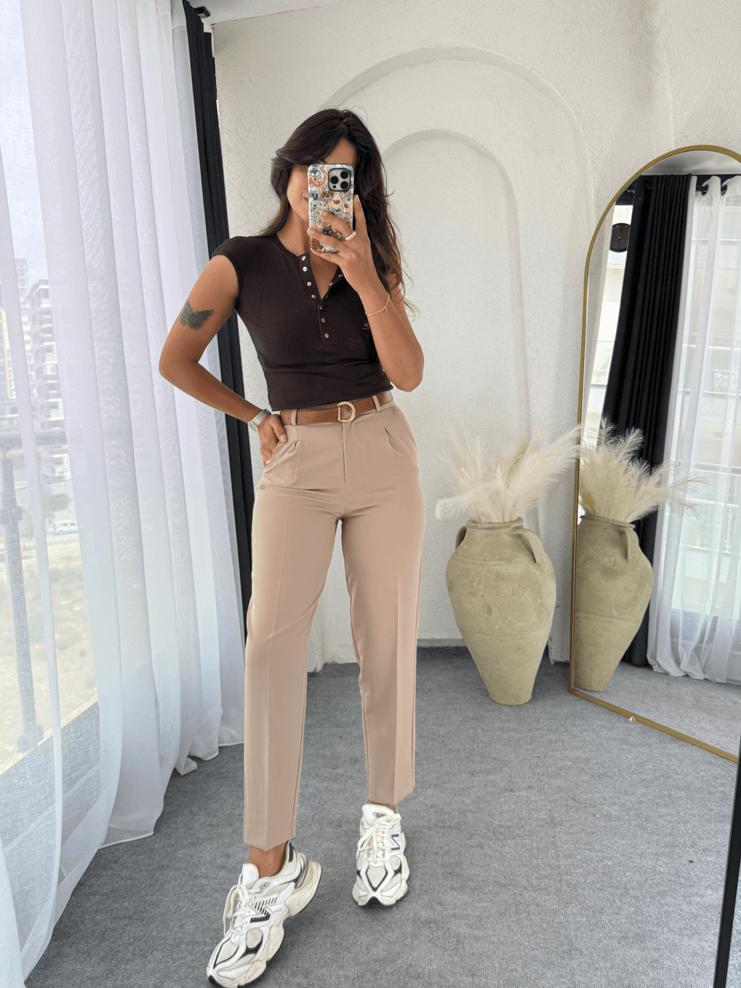 Kemerli Kumaş Pantolon Bej · 5