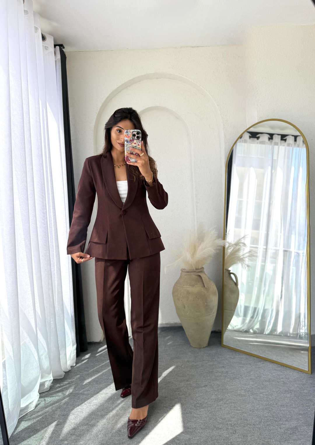 Premium Belden Oturtmalı Blazer Takım Kahverengi 