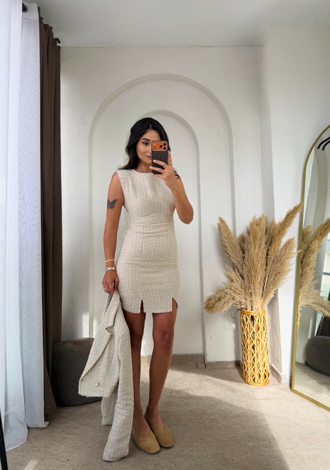 Tüvit Elbise Blazer Takım Bej