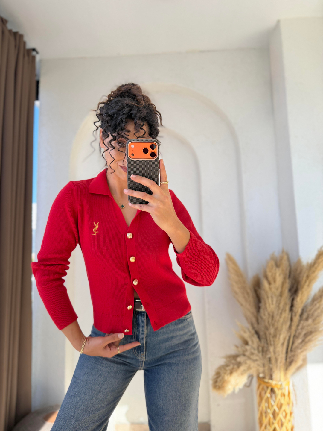Ysl Gold Düğmeli Dokuma Triko Hırka Kırmızı · 2