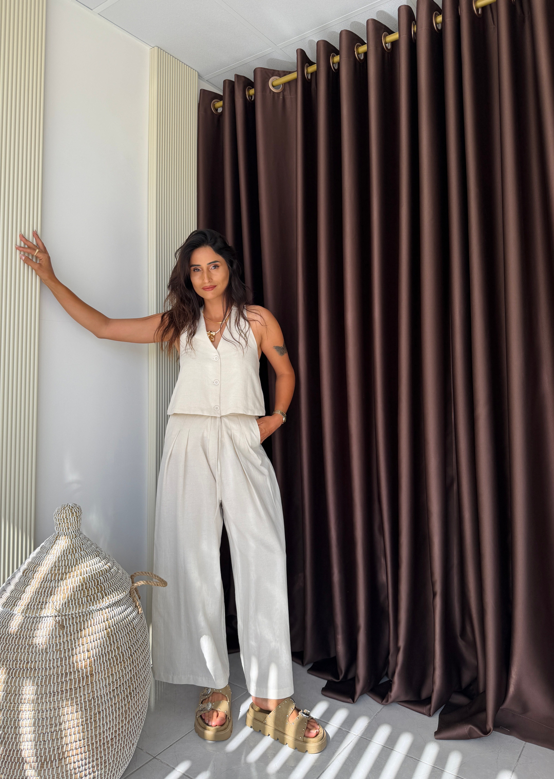 Zara Keten Yelek Takım Krem