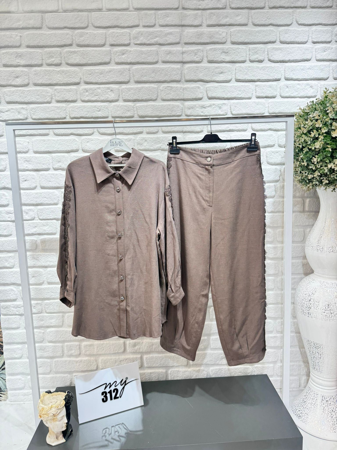 My312 Dantelli Taşlı Keten Takım