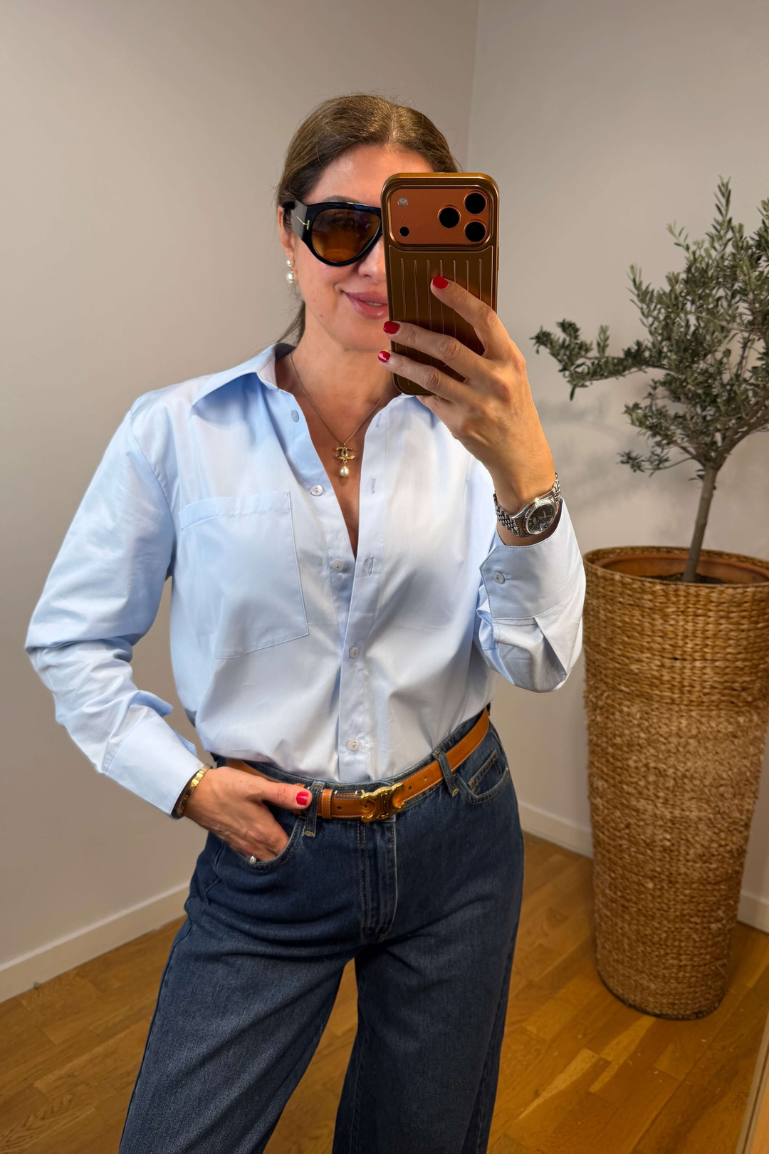 Düğmeli %100 Pamuk Oversize Gömlek
