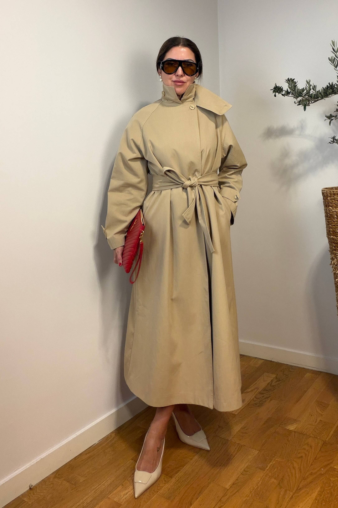 Bej Oversize Dik Yaka Kadın Trençkot