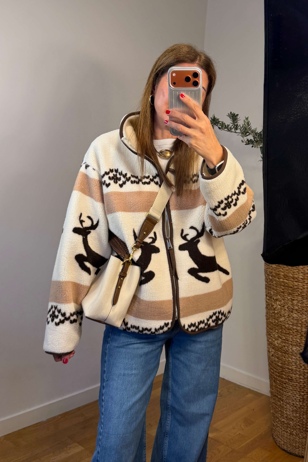 Geyik Desenli Full Fermuarlı Polar Mont