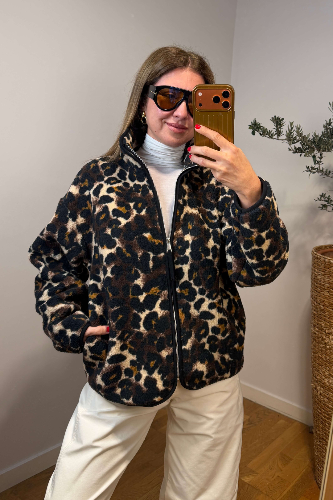 Leopar Desenli Full Fermuarlı Polar Mont