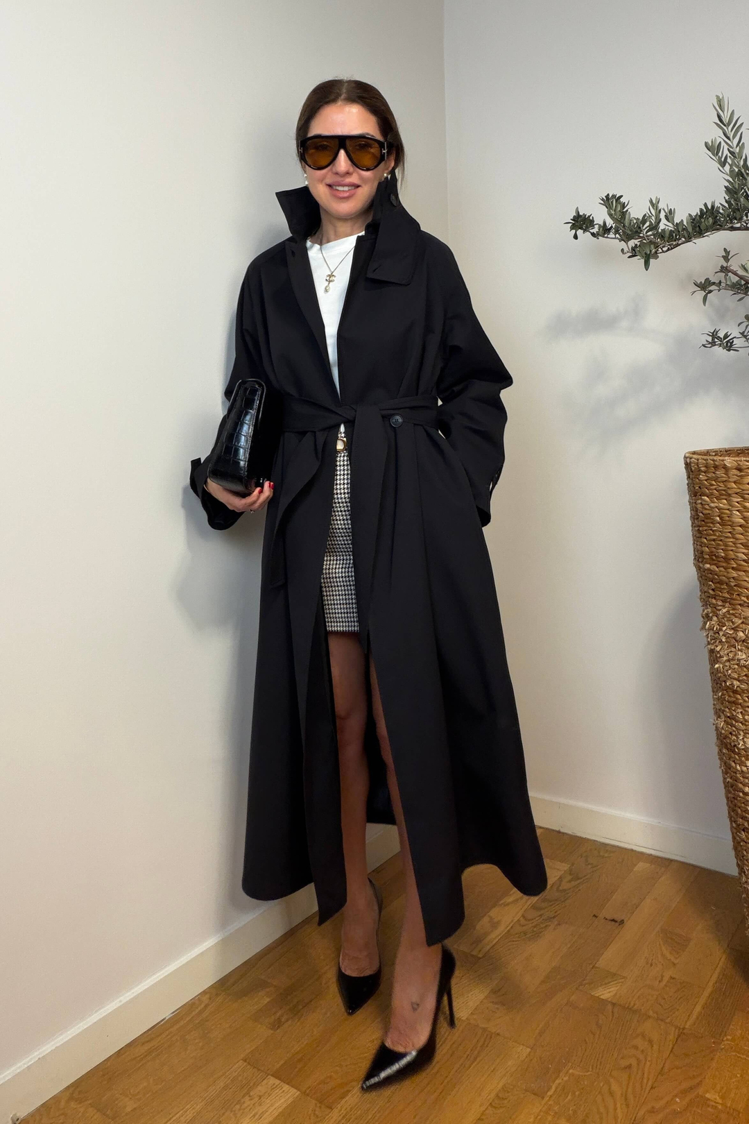 Siyah Oversize Dik Yaka Kadın Trençkot