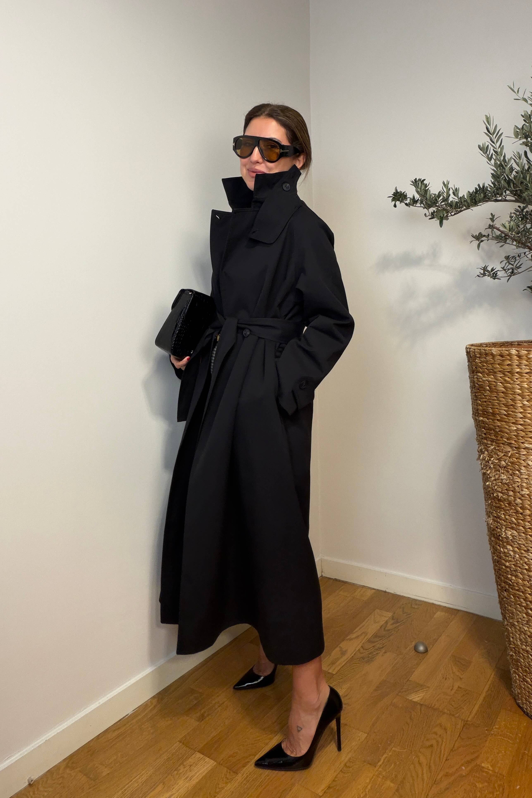 Siyah Oversize Dik Yaka Kadın Trençkot