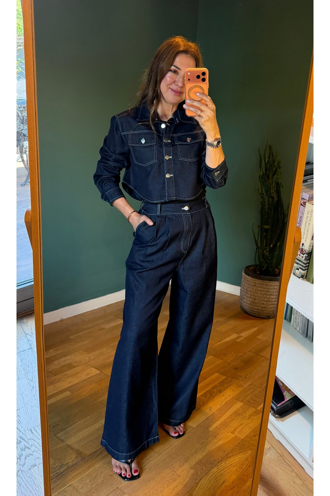 Yüksek Bel Geniş Paça Pileli Denim Pantolon Crop Ceket Takım