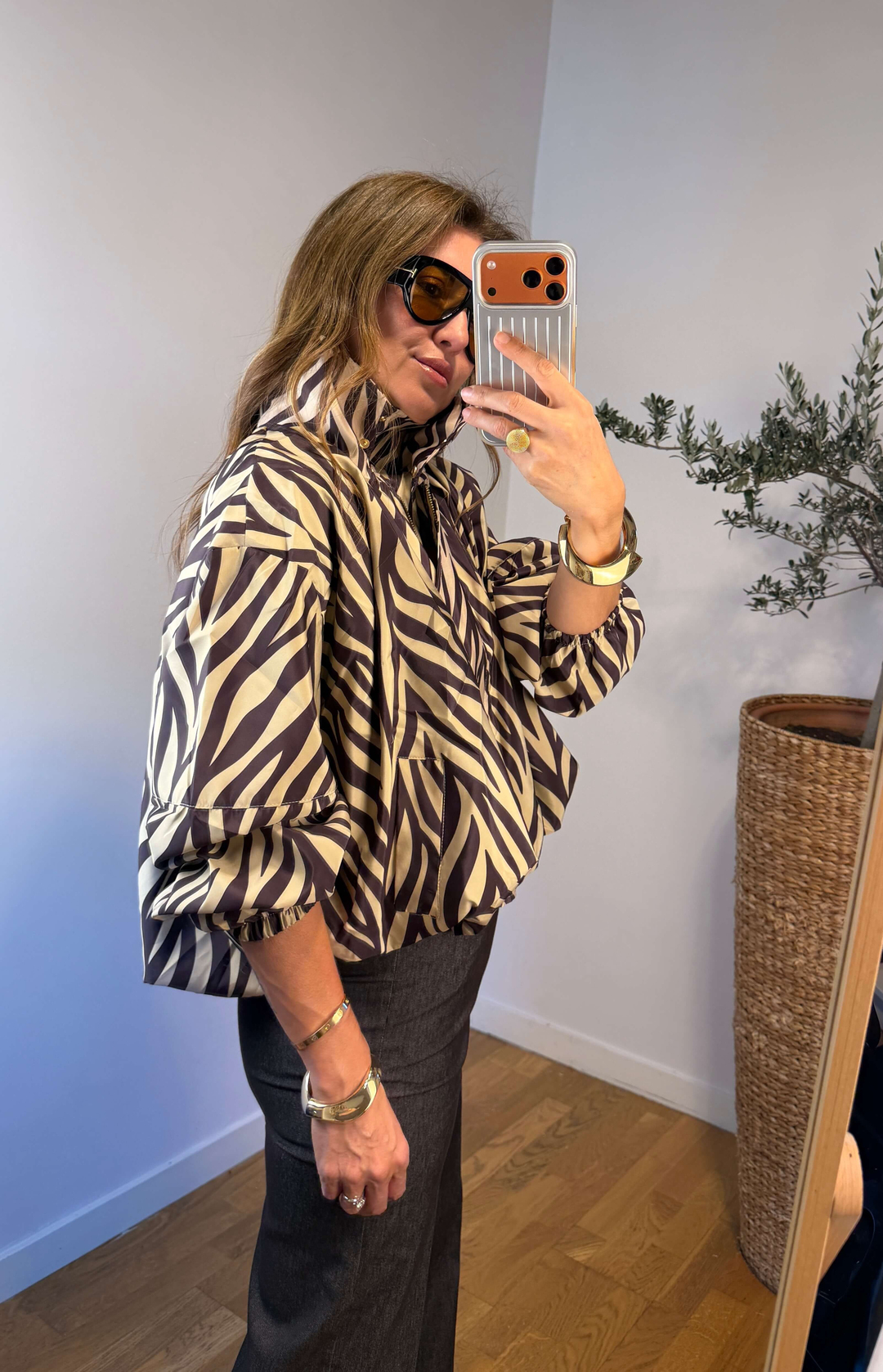 Zebra Desenli Dik Yaka Bomber Rüzgarlık Ceket