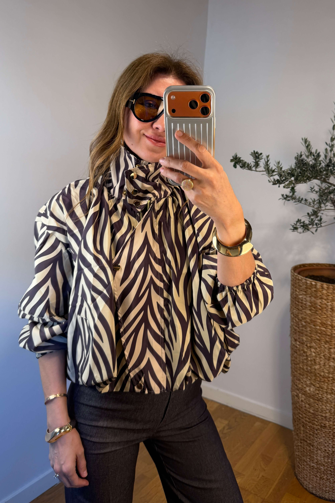 Zebra Desenli Dik Yaka Bomber Rüzgarlık Ceket
