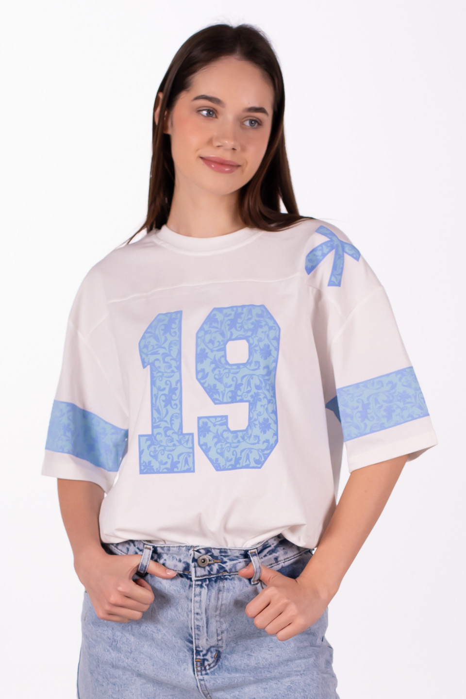 19 Baskılı oversize t-shirt-5339 Açık Mavi/Beyaz