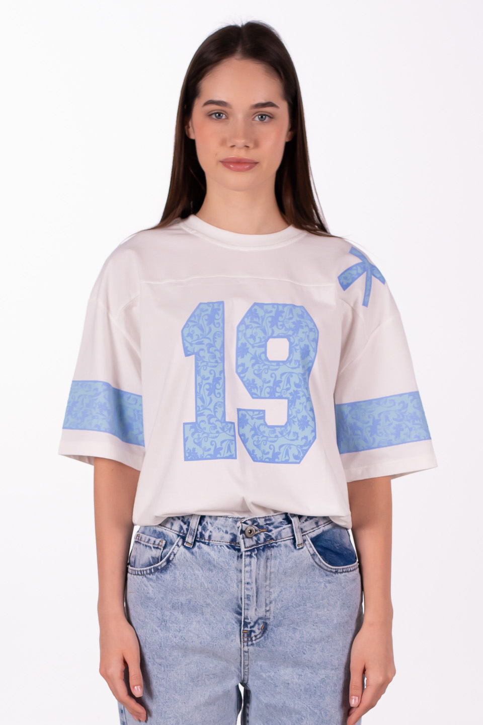 19 Baskılı oversize t-shirt-5339 Açık Mavi/Beyaz