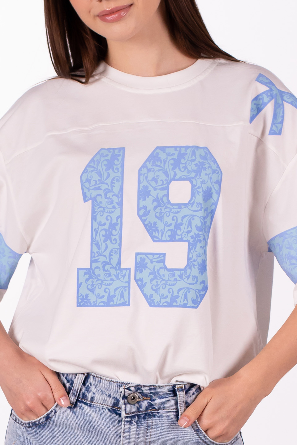 19 Baskılı oversize t-shirt-5339 Açık Mavi/Beyaz