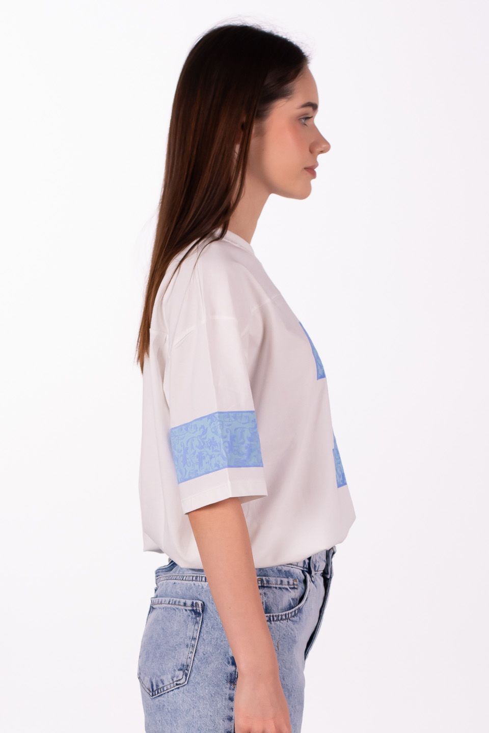 19 Baskılı oversize t-shirt-5339 Açık Mavi/Beyaz