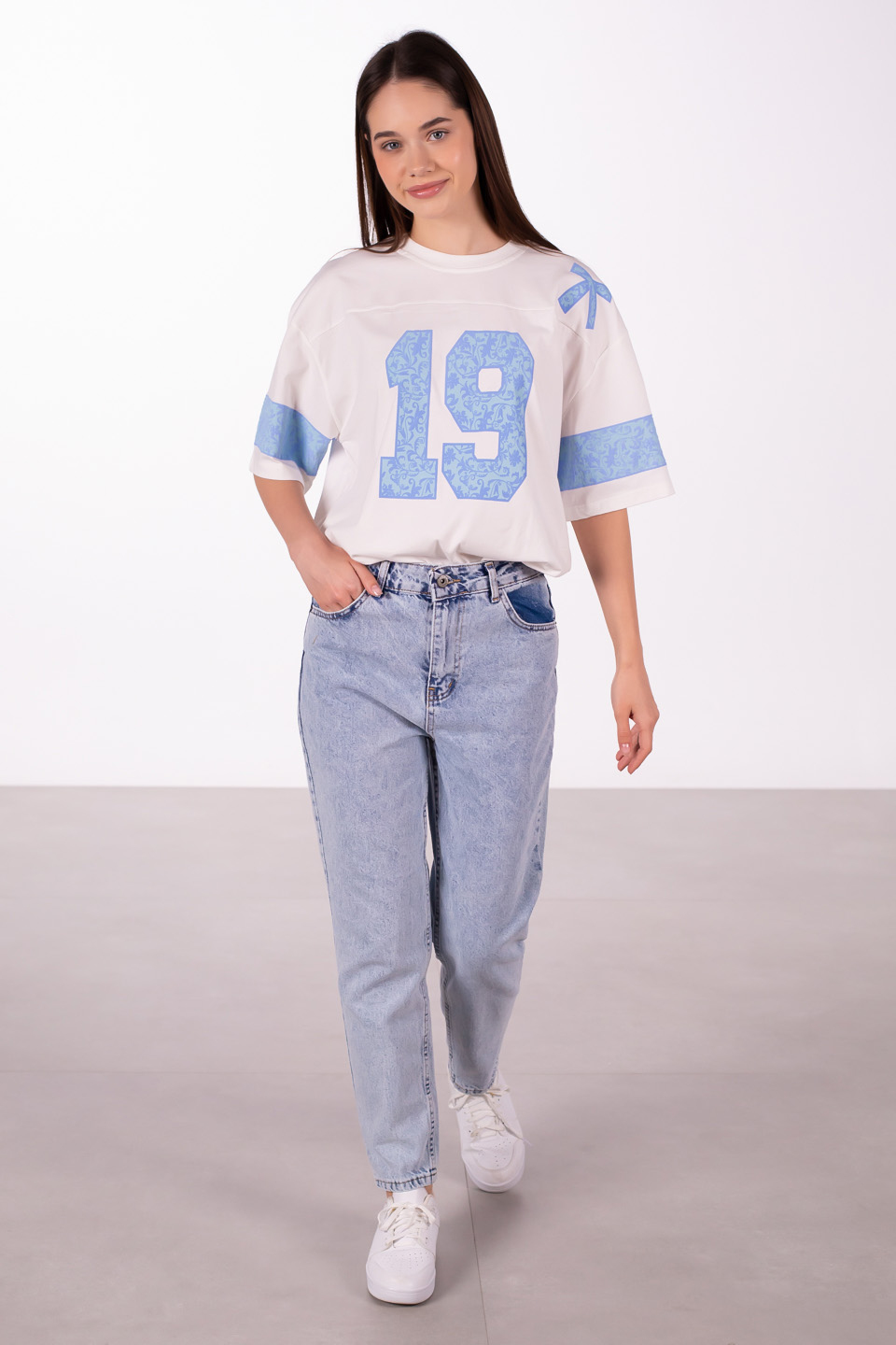 19 Baskılı oversize t-shirt-5339 Açık Mavi/Beyaz
