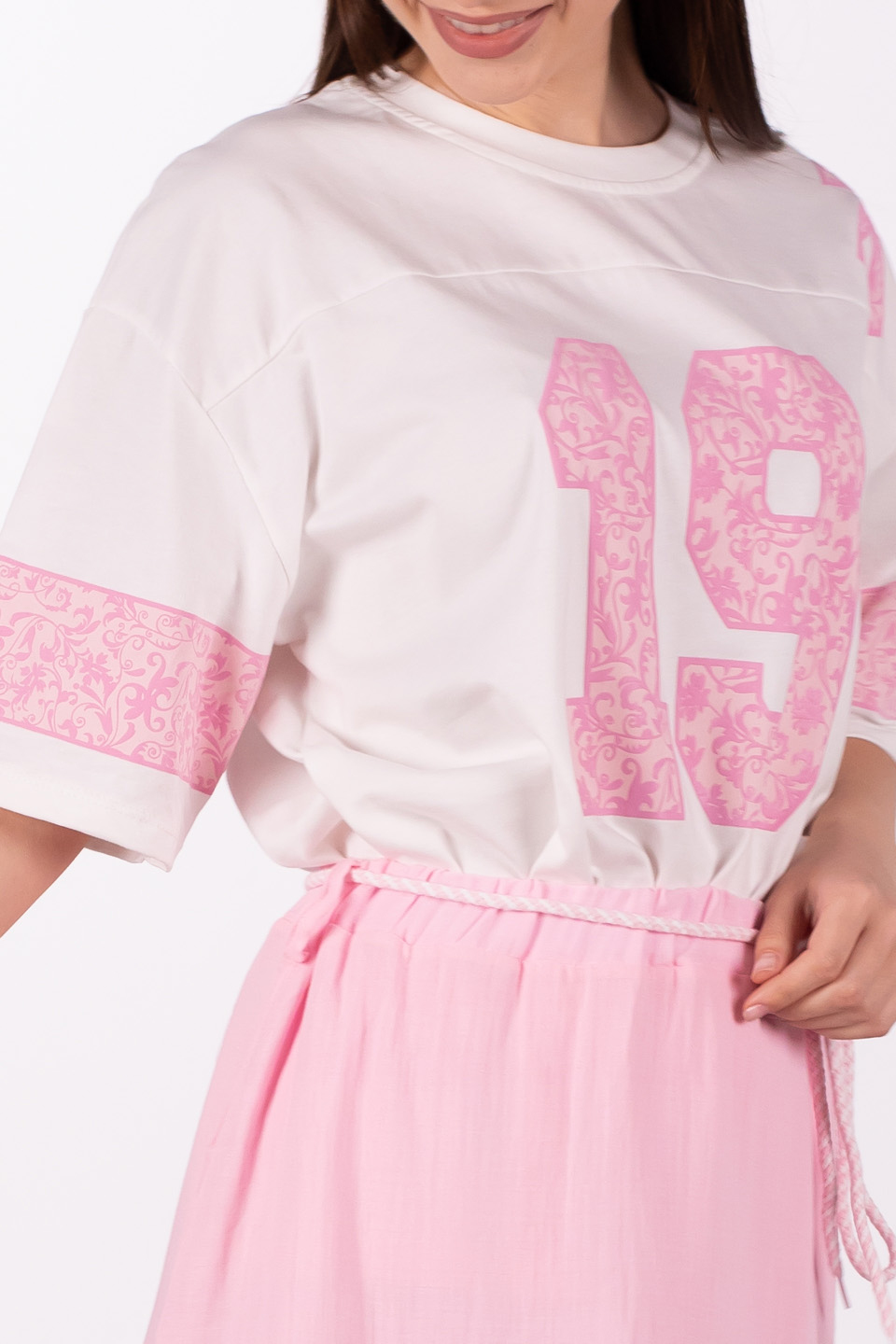 19 Baskılı oversize t-shirt-5339 Pembe/Beyaz