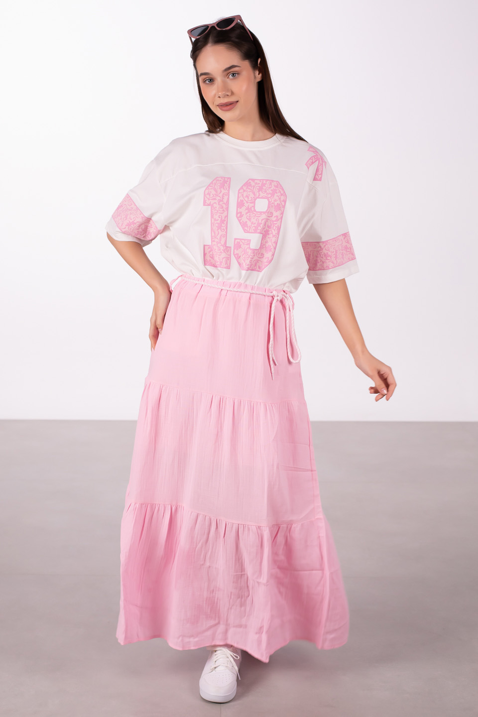 19 Baskılı oversize t-shirt-5339 Pembe/Beyaz