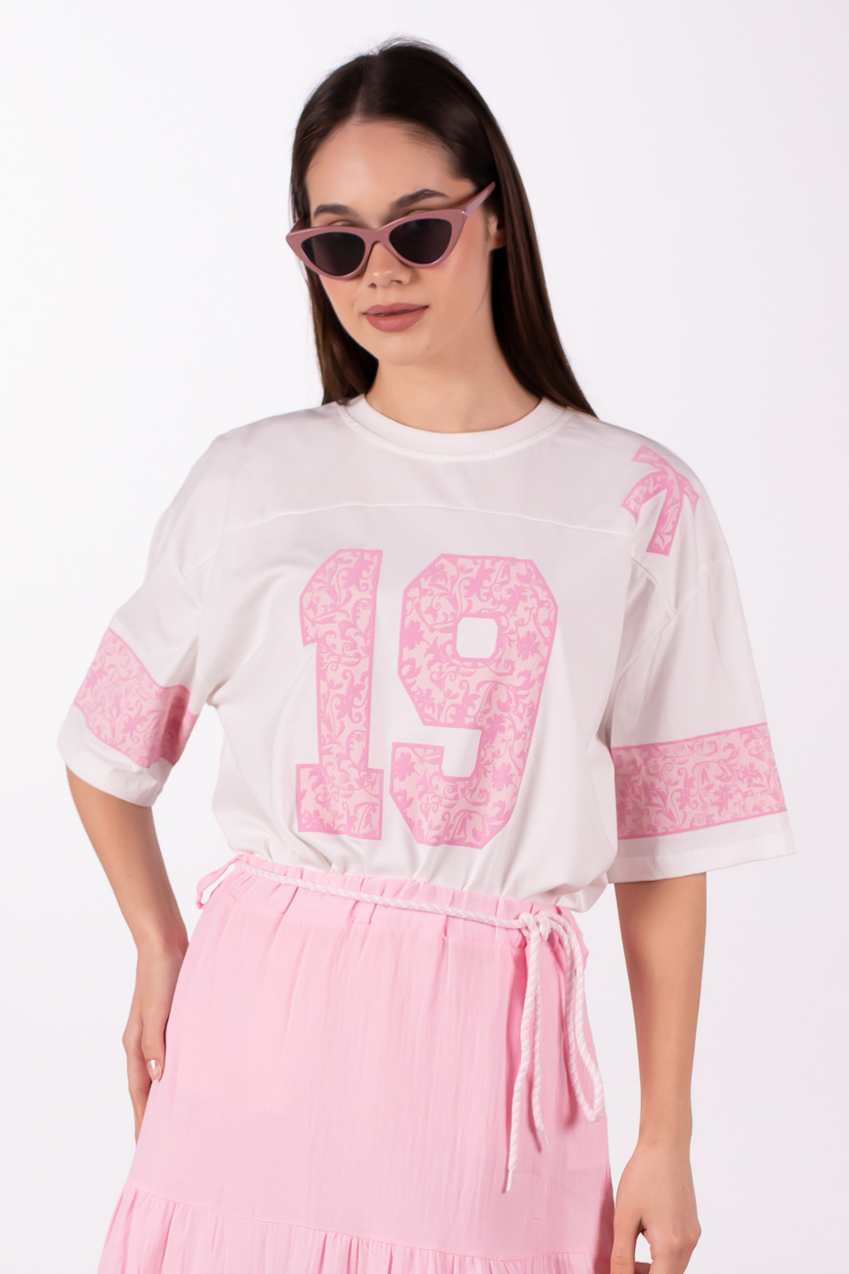 19 Baskılı oversize t-shirt-5339 Pembe/Beyaz