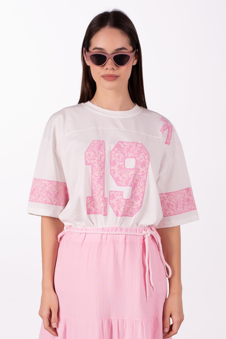 19 Baskılı oversize t-shirt-5339 Pembe/Beyaz