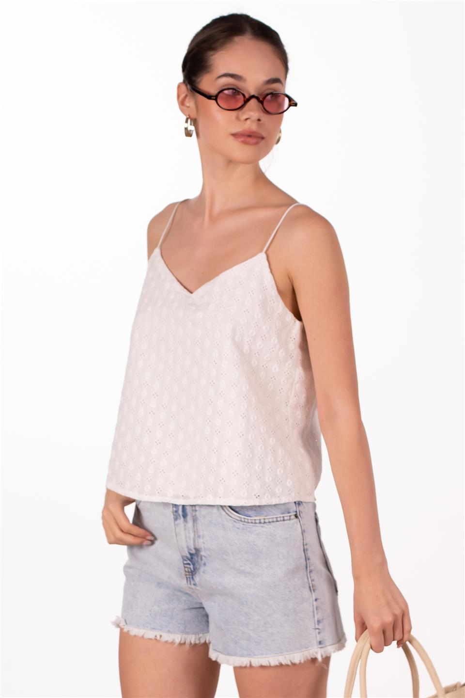 Askılı brode bluz-2882-1 Beyaz