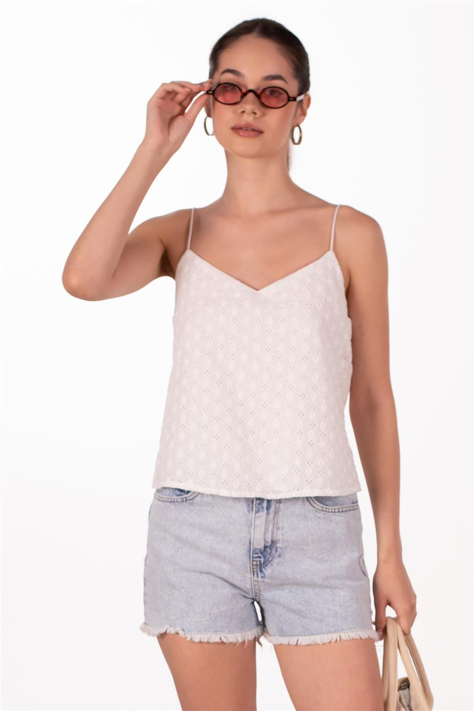 Askılı brode bluz-2882-1 Beyaz