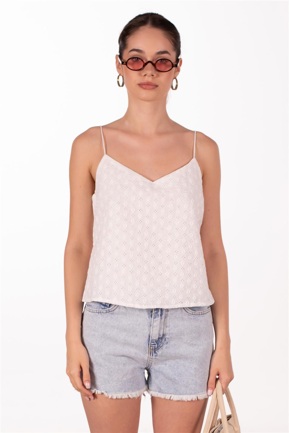 Askılı brode bluz-2882-1 Beyaz