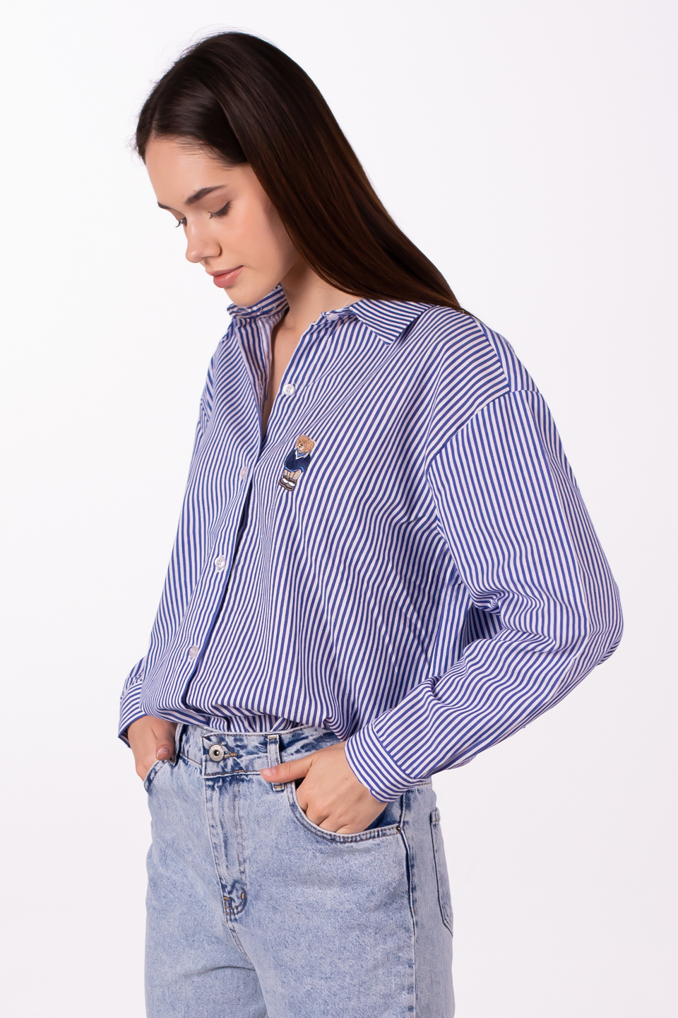 Ayıcık nakışlı çizgili oversize gömlek-6822 Mavi/Beyaz