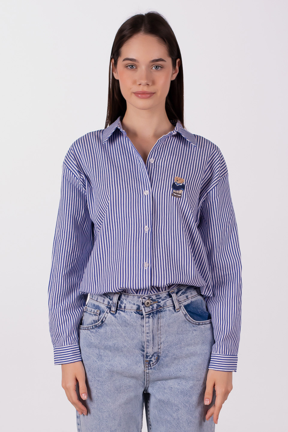 Ayıcık nakışlı çizgili oversize gömlek-6822 Mavi/Beyaz