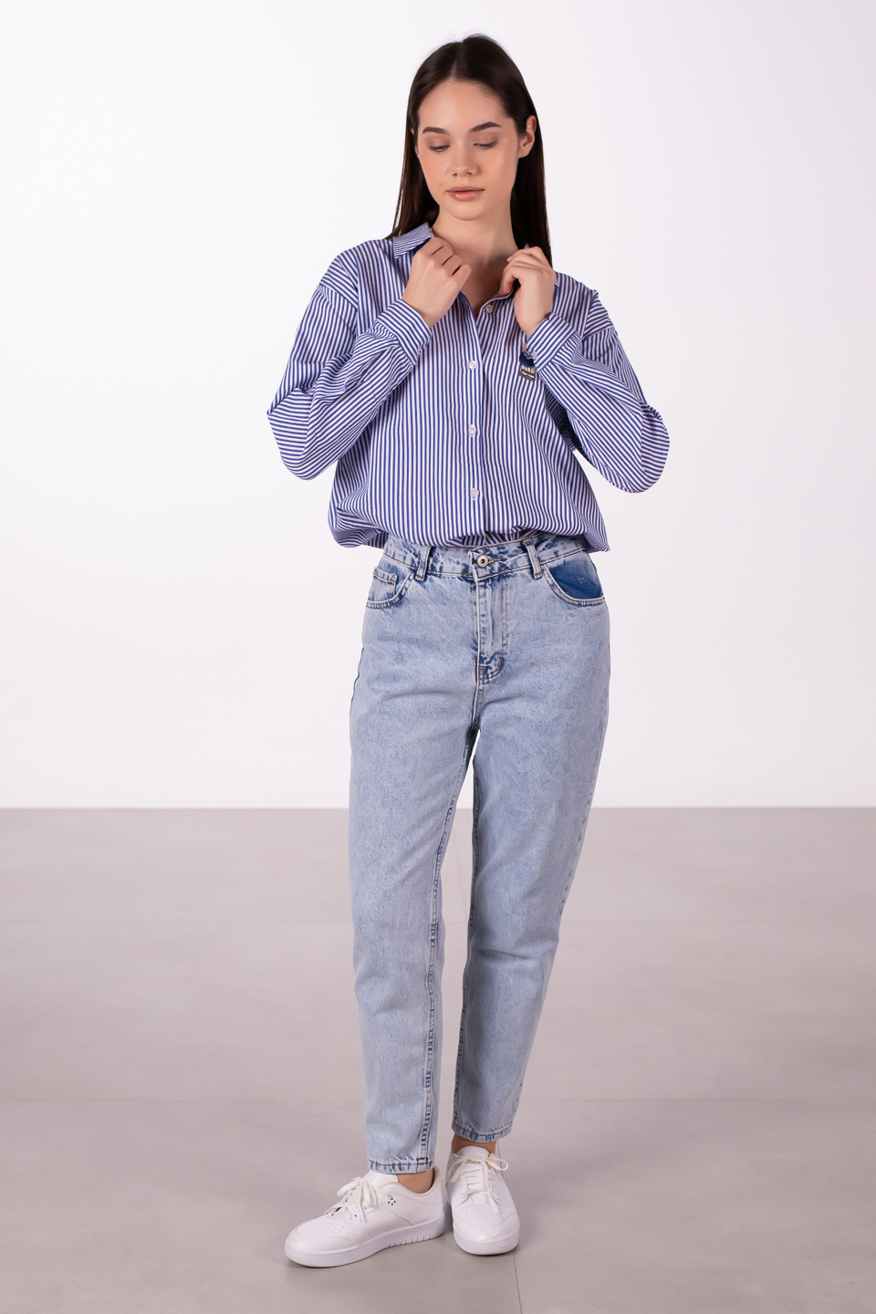 Ayıcık nakışlı çizgili oversize gömlek-6822 Mavi/Beyaz