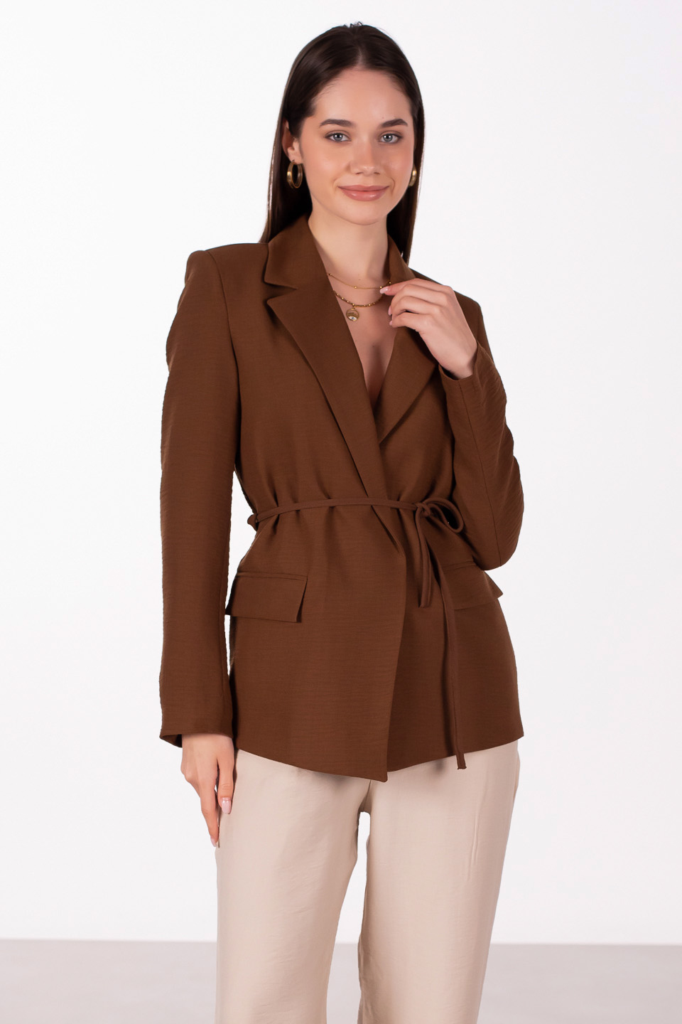 Beli bağlamalı keten blazer ceket-2401 Kahve