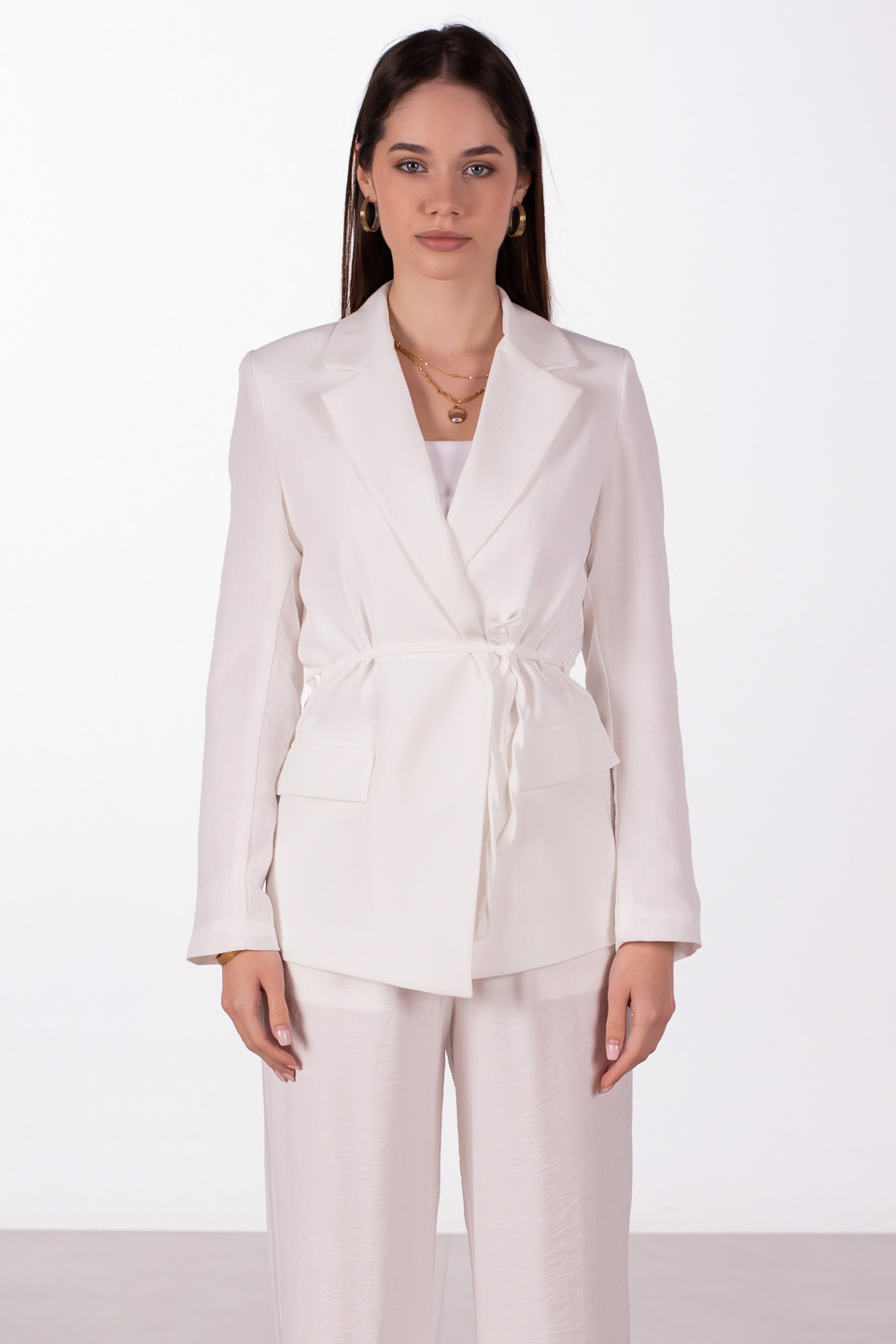 Beli bağlamalı keten blazer ceket-2401 Beyaz
