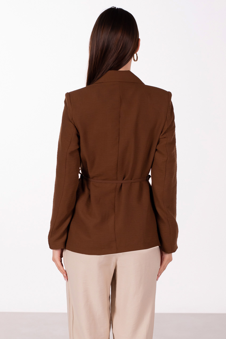 Beli bağlamalı keten blazer ceket-2401 Kahve