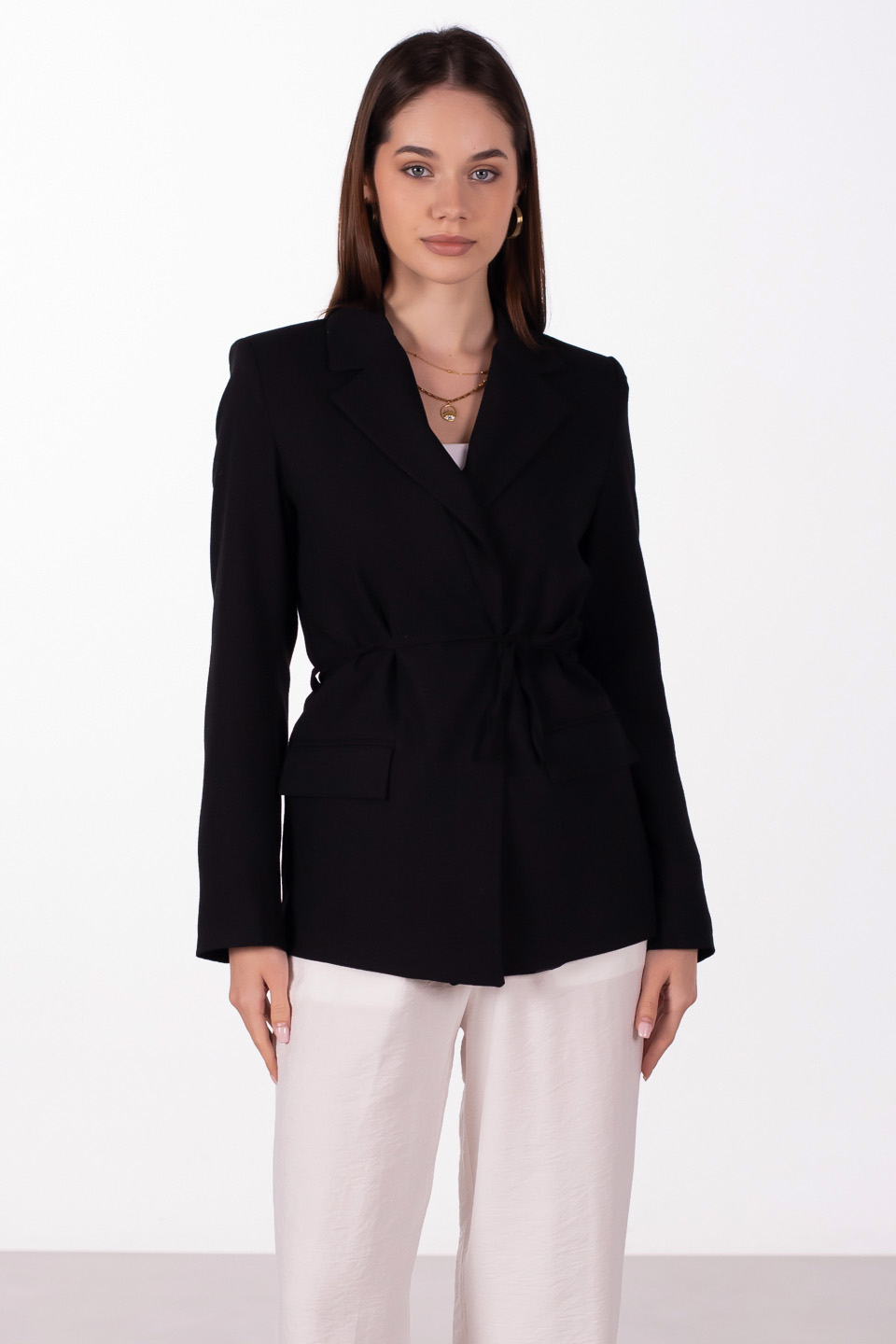 Beli bağlamalı keten blazer ceket-2401 Siyah