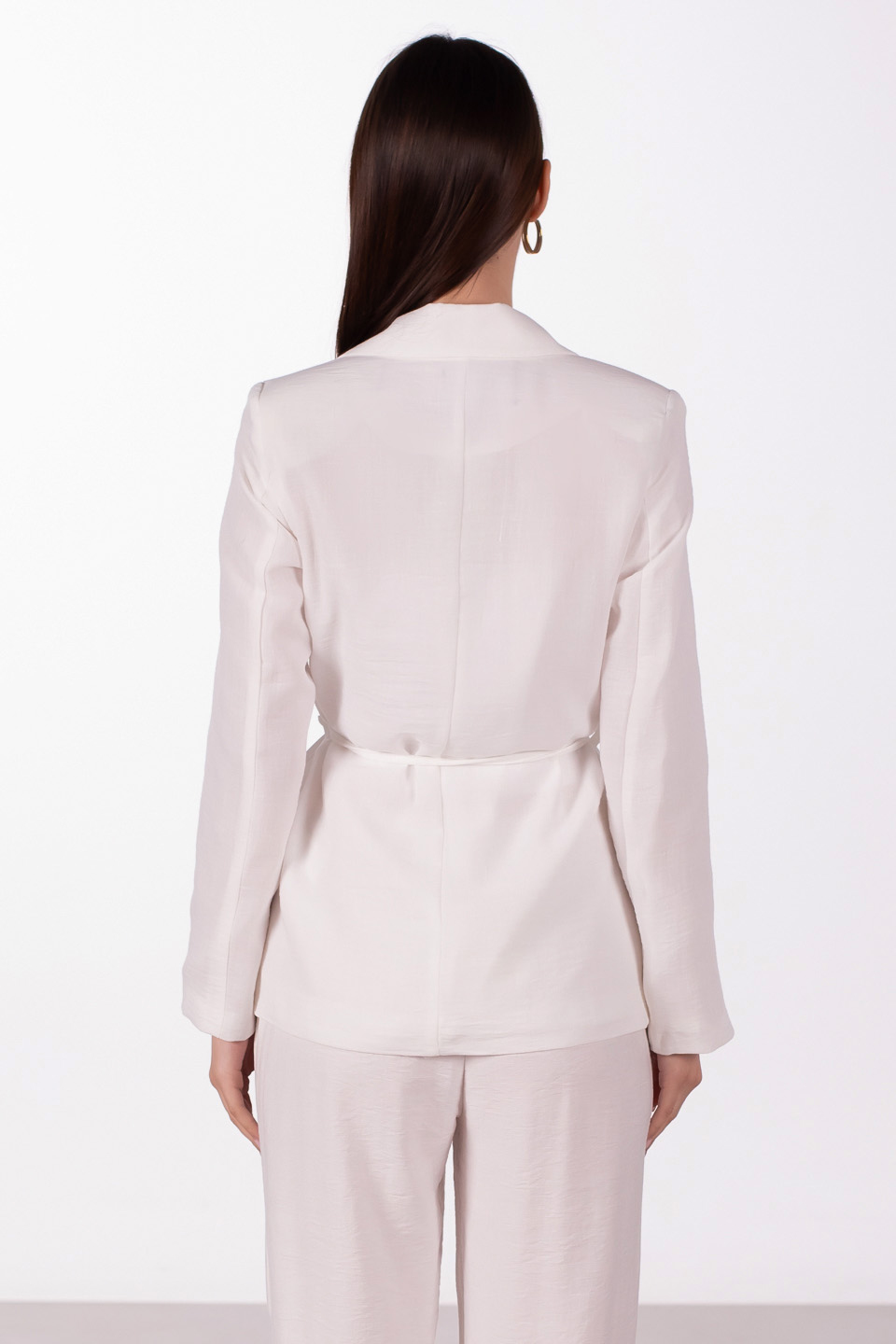 Beli bağlamalı keten blazer ceket-2401 Beyaz