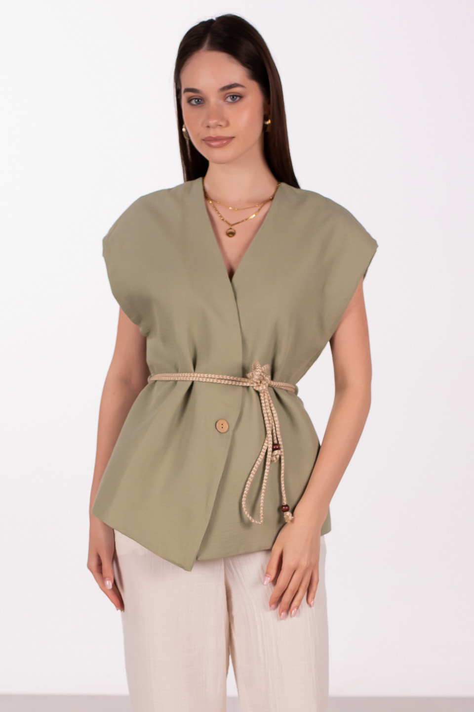 Beli bağlamalı müslin yelek-2390 SUMMER Olive