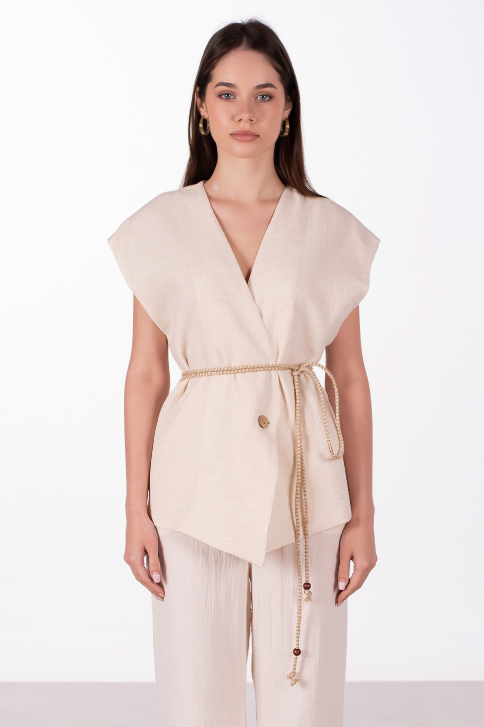 Beli bağlamalı müslin yelek-2390 SUMMER Natural