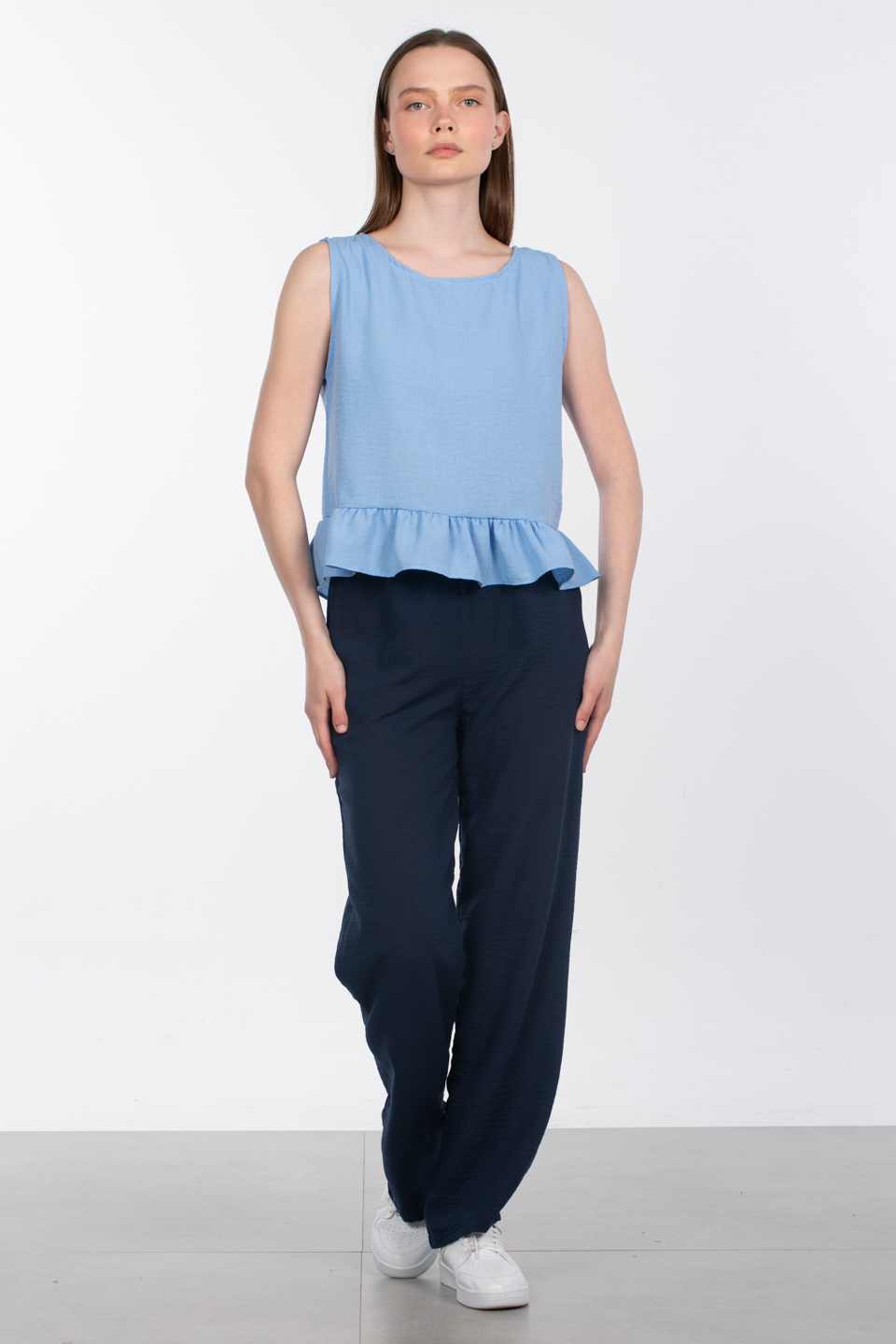 Beli lastikli bol paça pantolon-6978 Lacivert