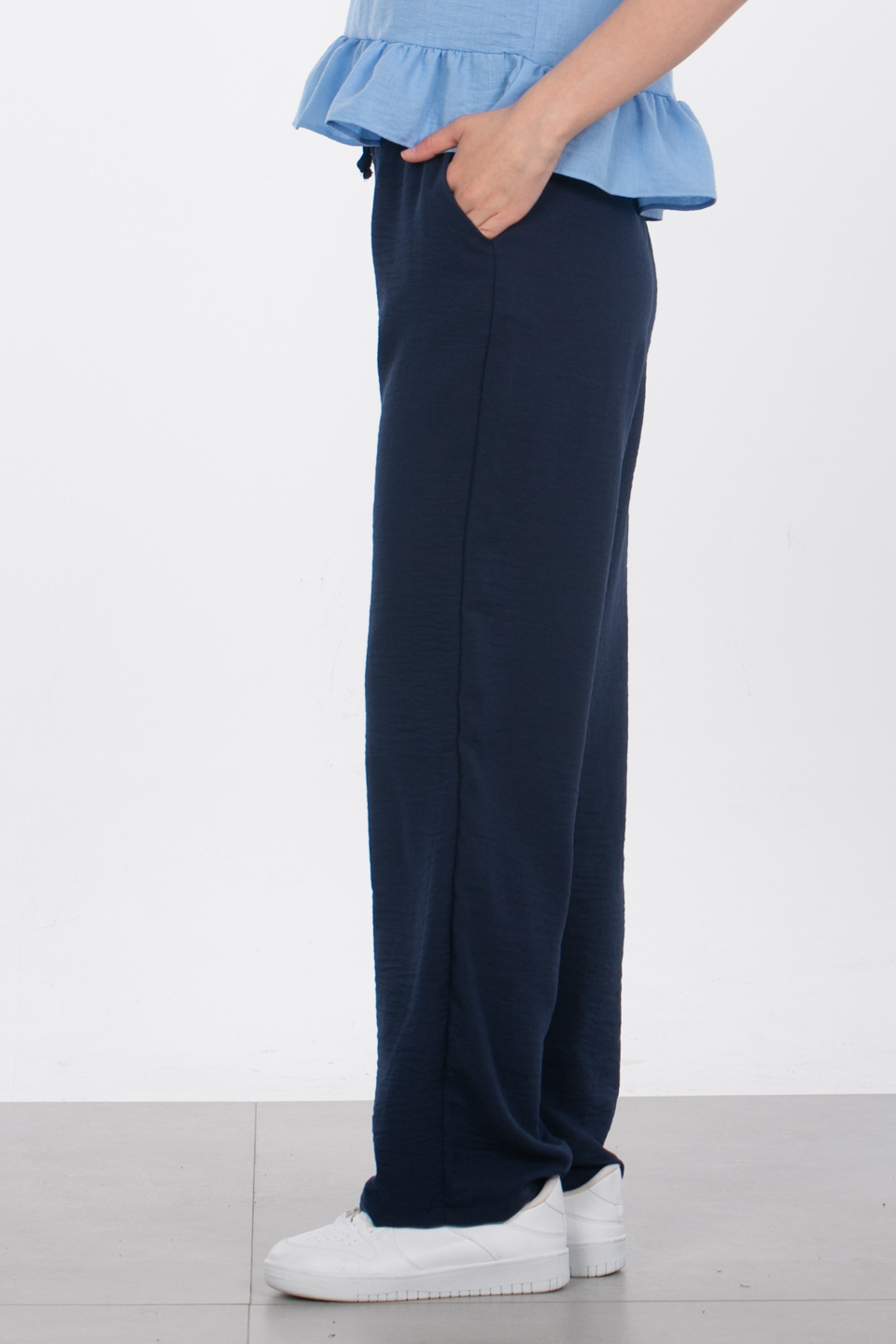 Beli lastikli bol paça pantolon-6978 Lacivert