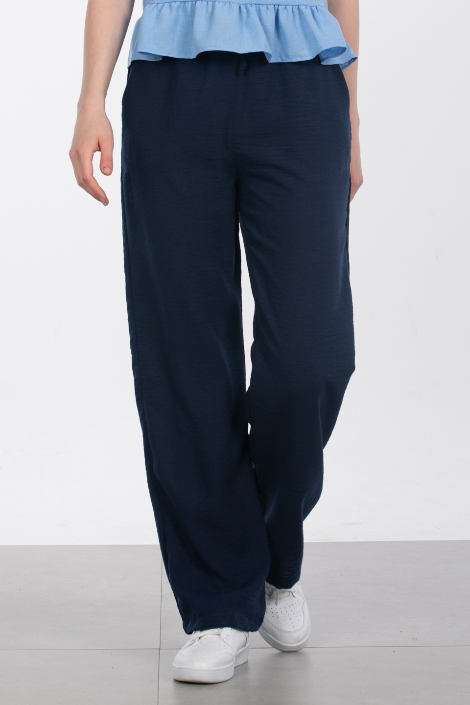 Beli lastikli bol paça pantolon-6978 Lacivert