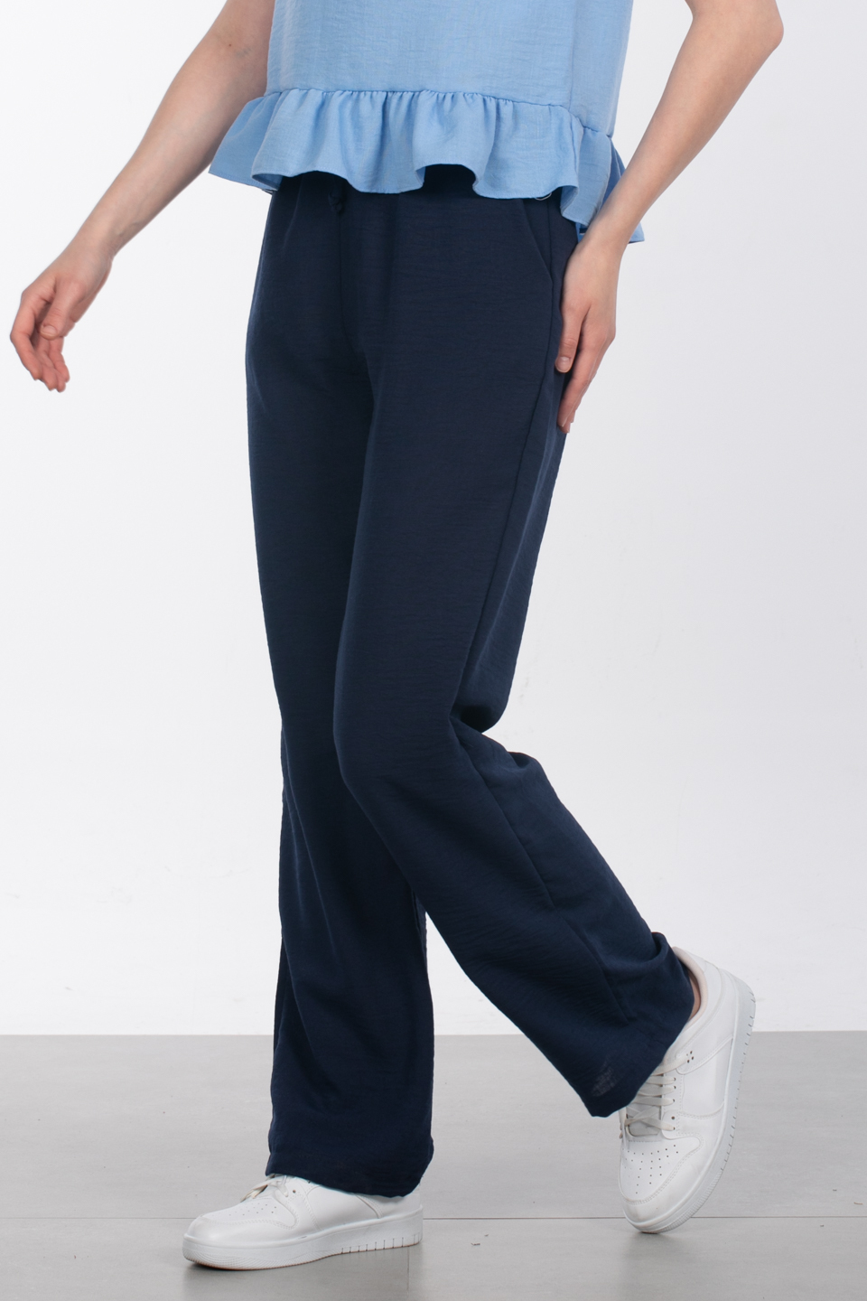 Beli lastikli bol paça pantolon-6978 Lacivert