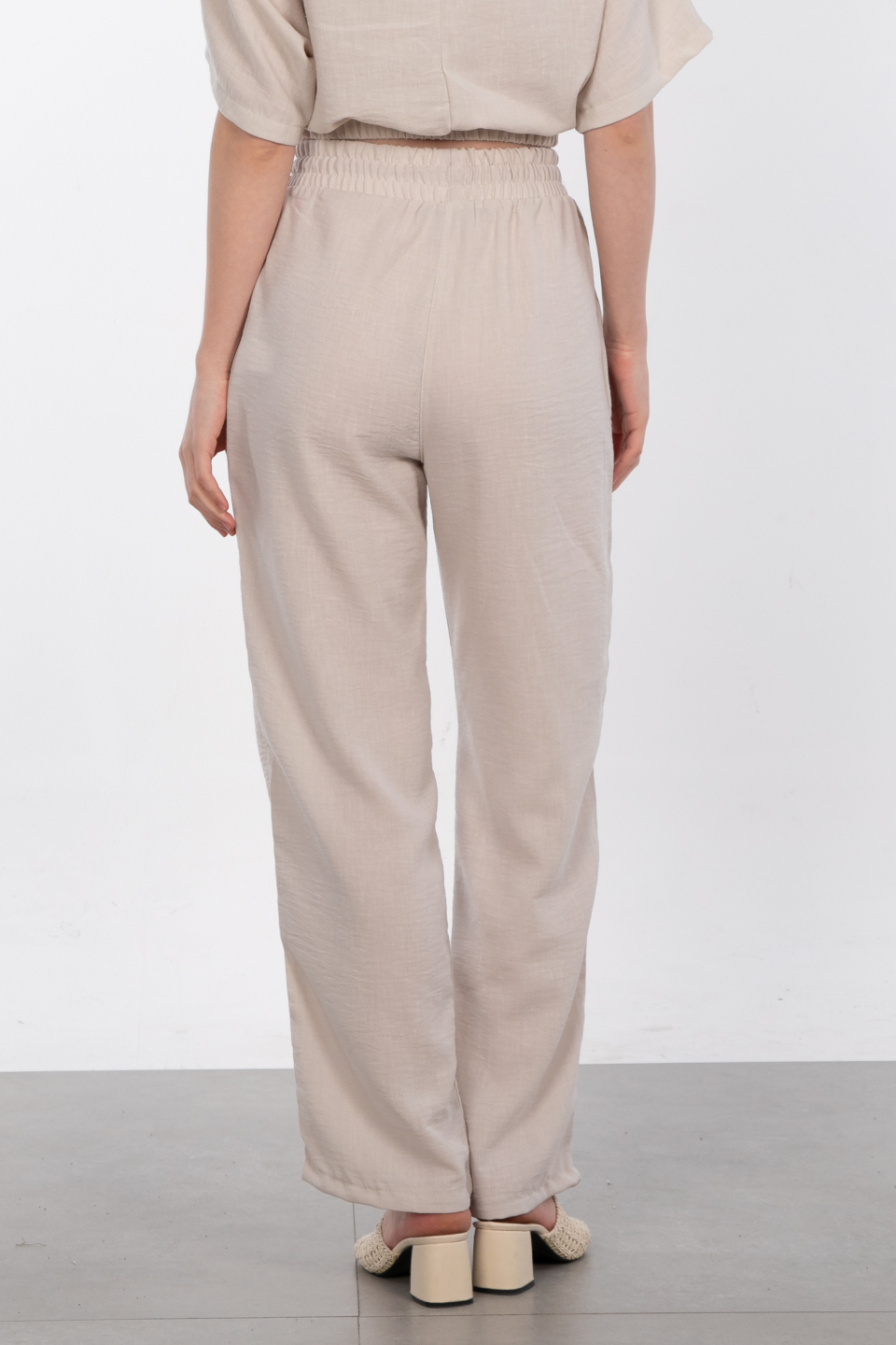 Beli lastikli bol paça pantolon-6978 Taş