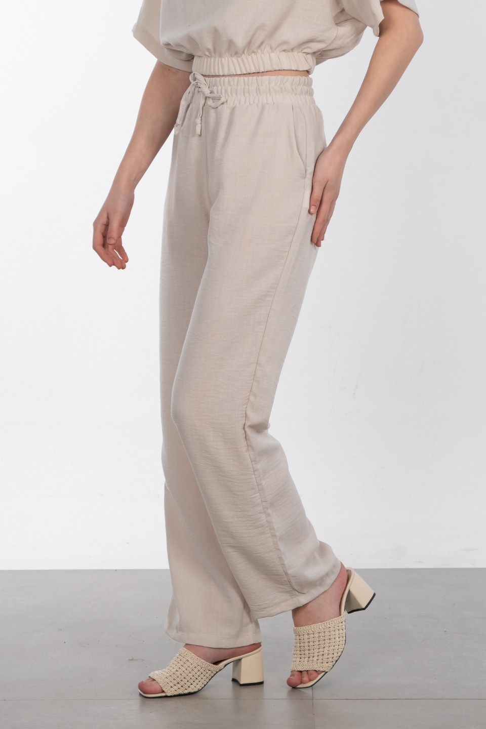 Beli lastikli bol paça pantolon-6978 Taş