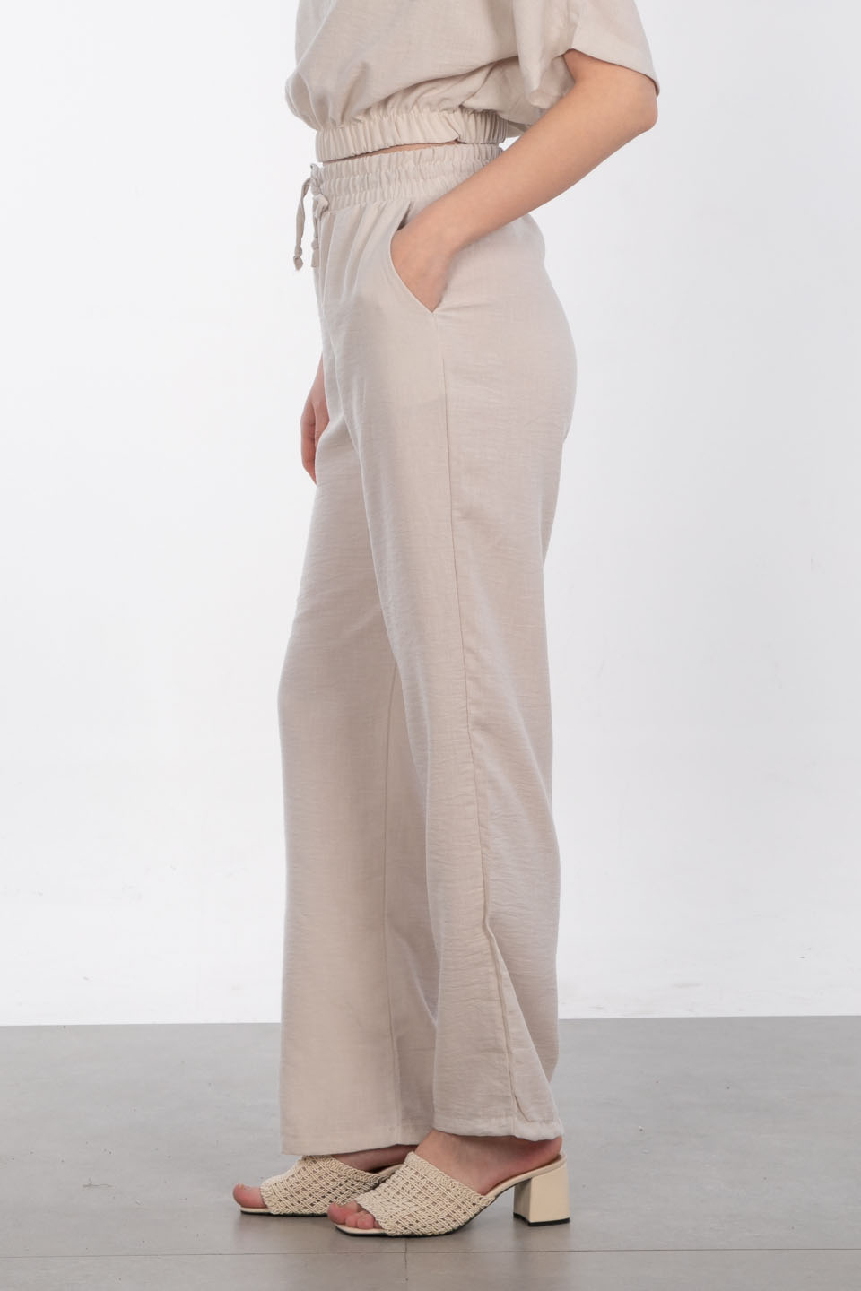 Beli lastikli bol paça pantolon-6978 Taş
