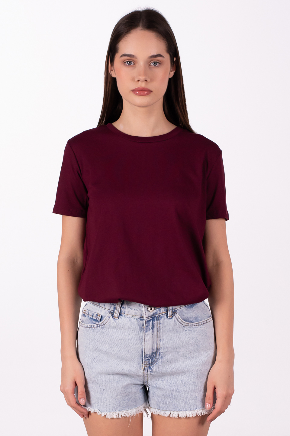 Bisiklet yaka basic t-shirt-3297 Bordo