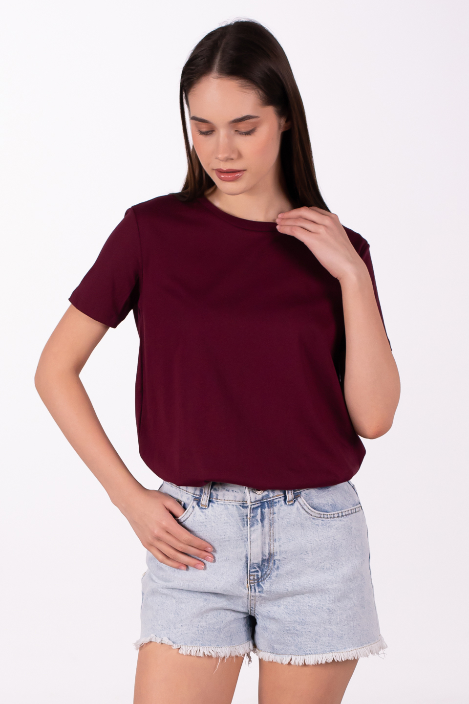 Bisiklet yaka basic t-shirt-3297 Bordo