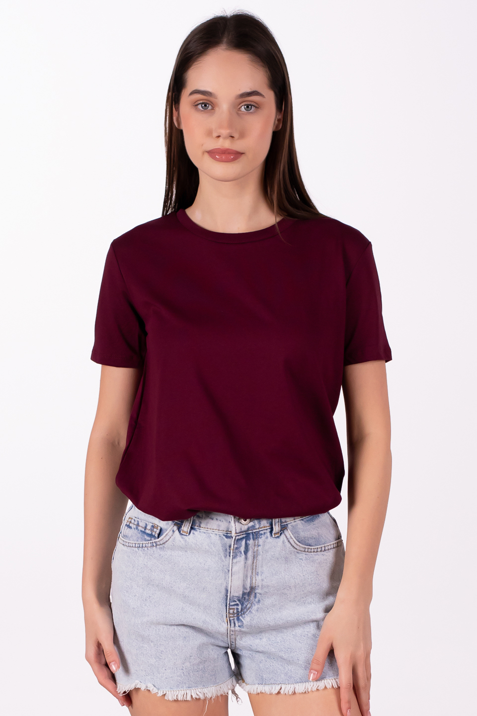 Bisiklet yaka basic t-shirt-3297 Bordo