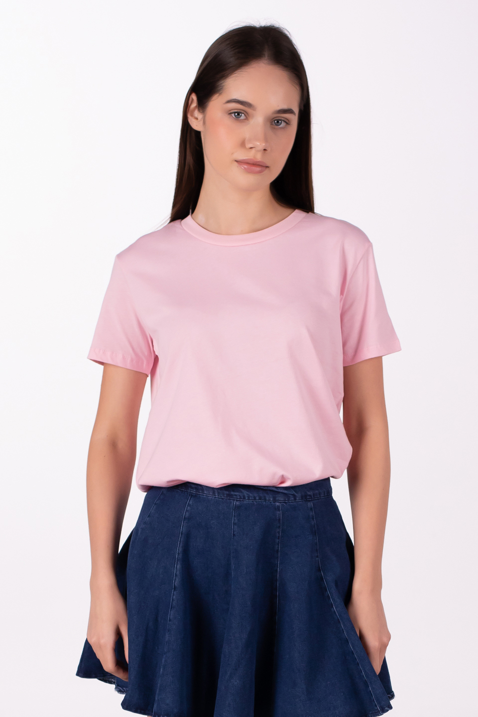 Bisiklet yaka basic t-shirt-3297 Pembe