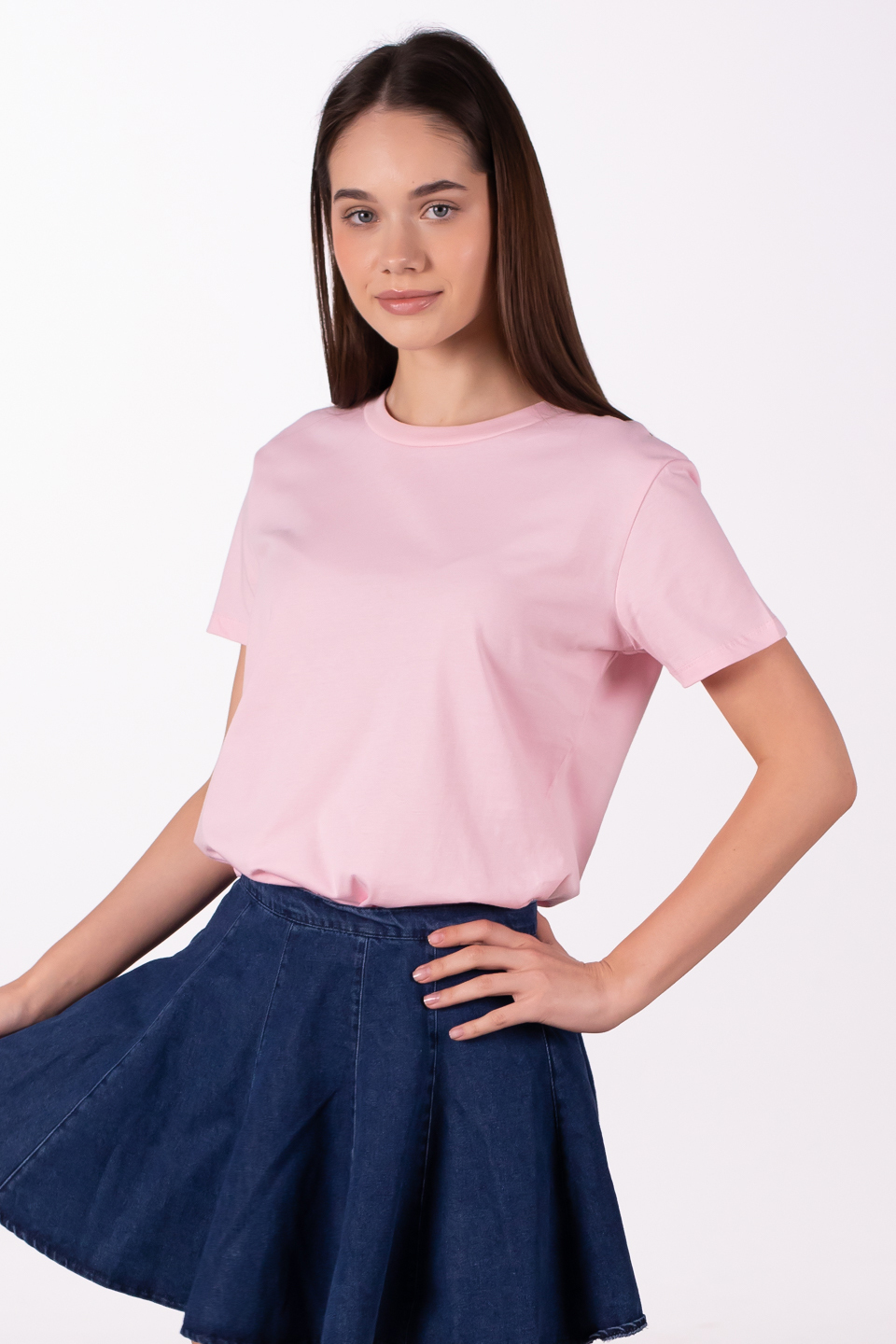 Bisiklet yaka basic t-shirt-3297 Pembe