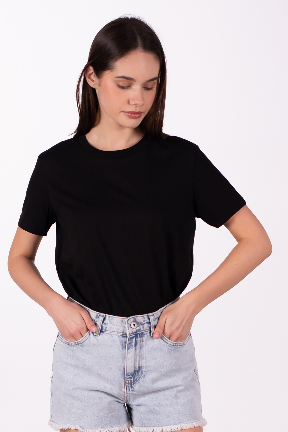 Bisiklet yaka basic t-shirt-3297 Siyah